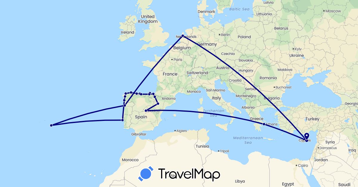 TravelMap itinerary: driving in Cyprus, Spain, Greece, Netherlands, Portugal (Asia, Europe)